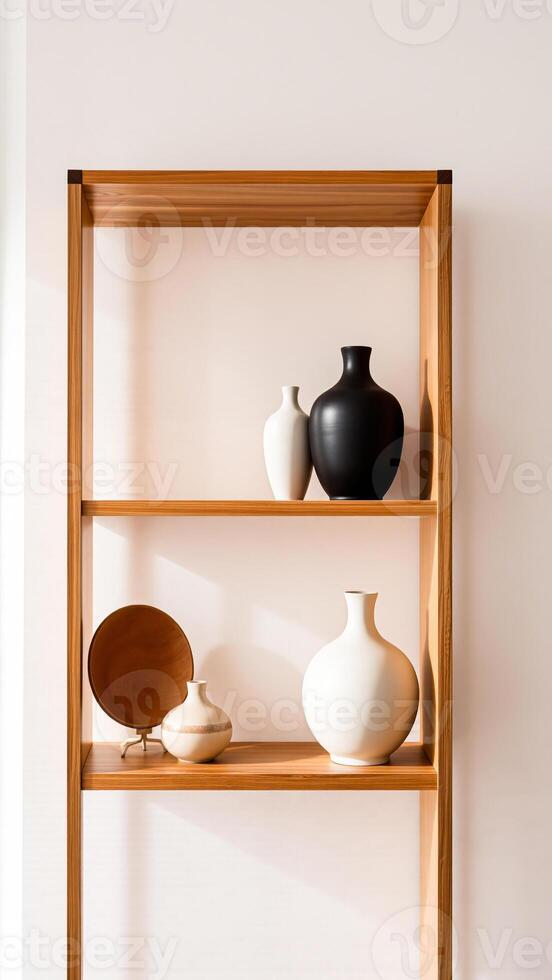 wooden shelf displayed with white ceramic vases a wooden bowl photo