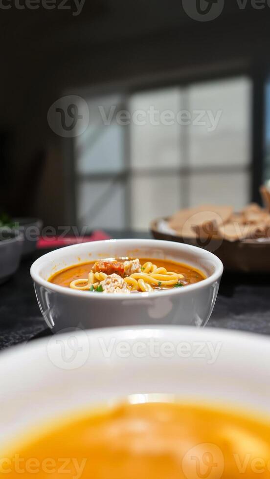 bowl soup with noodles chicken photo