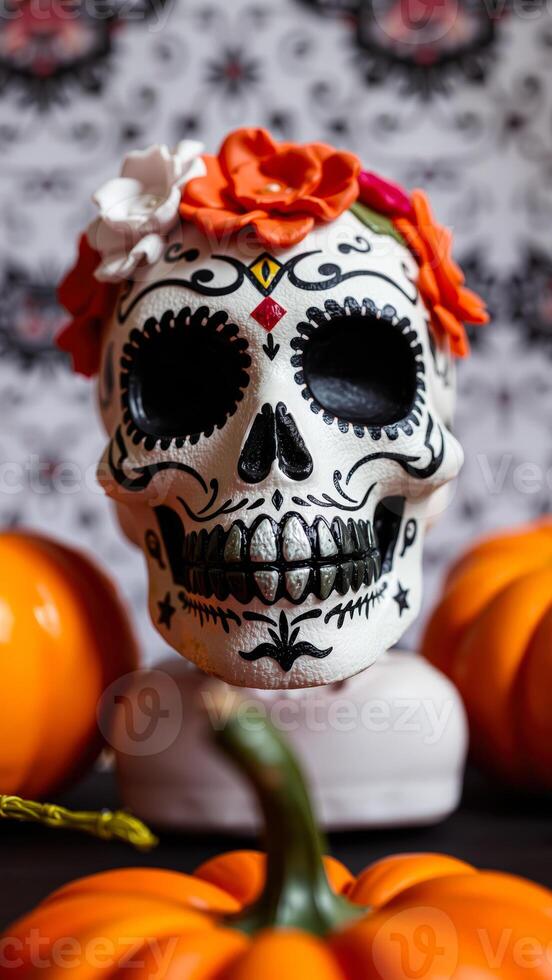 decorated skull with flowers pumpkins photo
