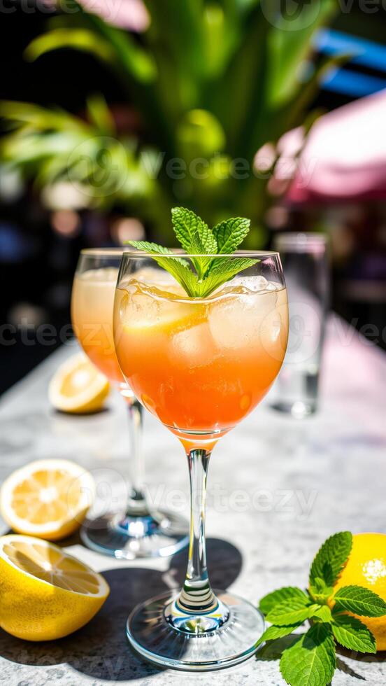 two glasses refreshing lemonade with ice lemon mint photo