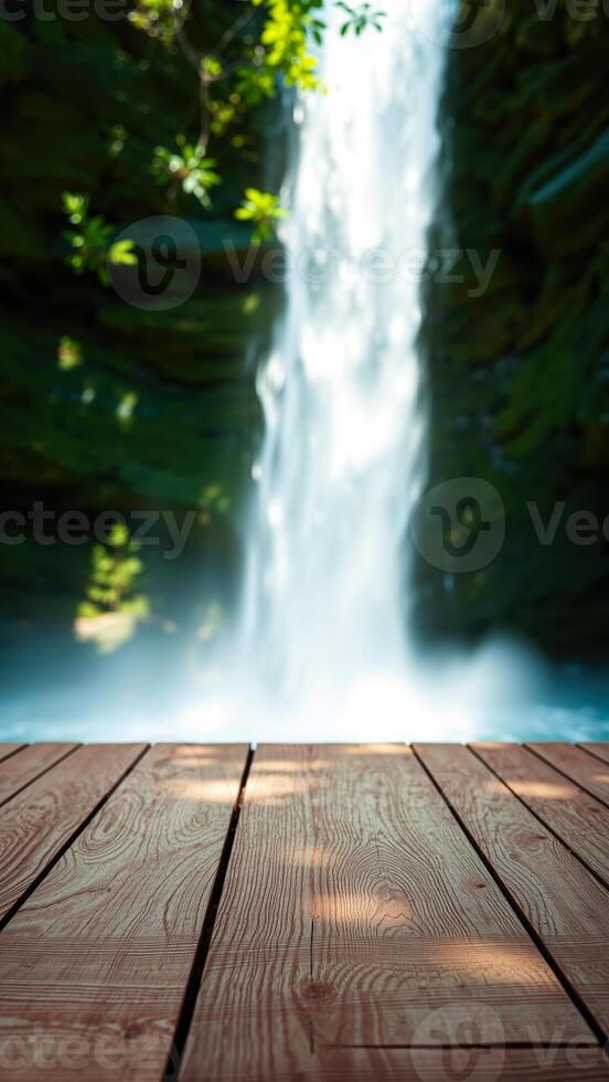 wooden surface with a blurred waterfall the background photo