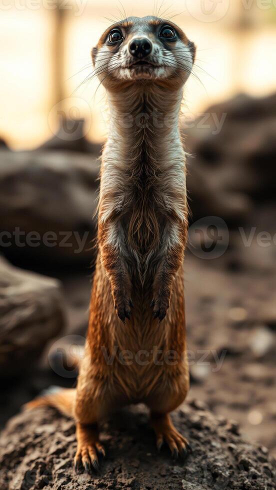 curious small mammal stands upright looks directly at the camera photo