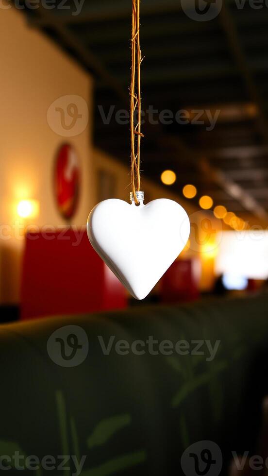 delicate white ceramic heart ornament hangs a softly lit room photo