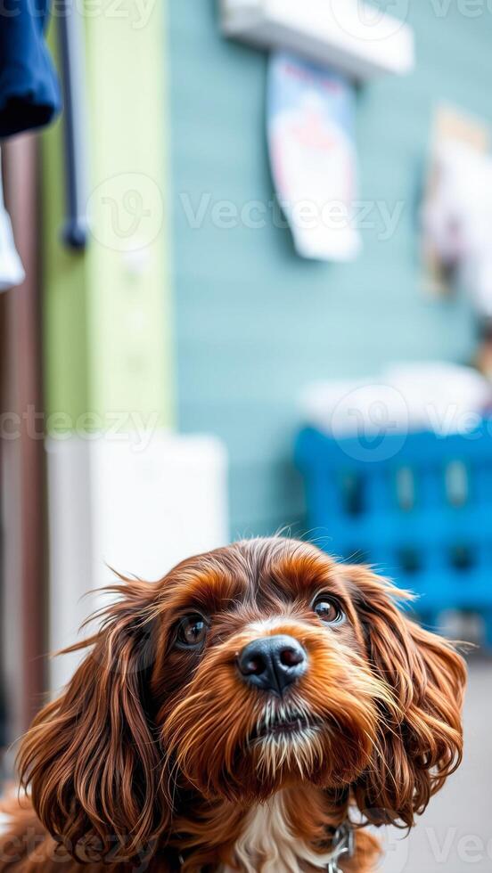 curious reddish-brown dog gazes upward photo