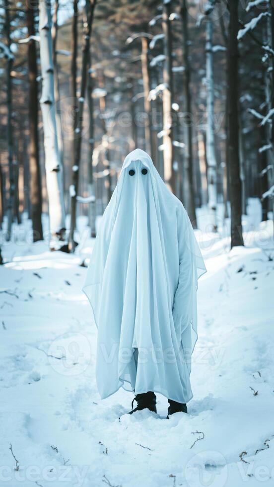 white figure stands a snowy forest photo