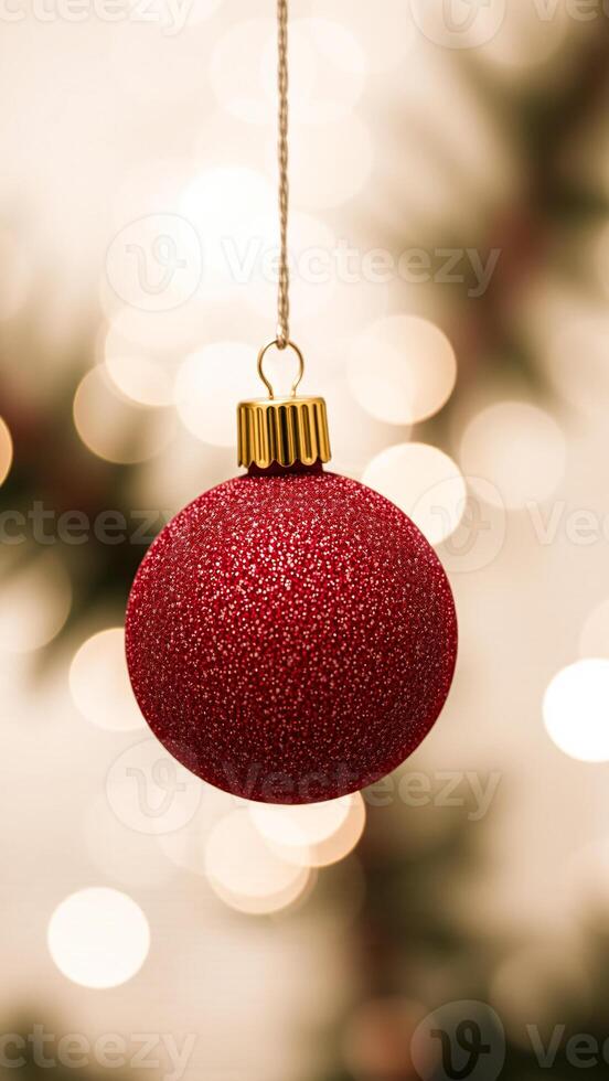 red sparkly ornament hanging from a string photo