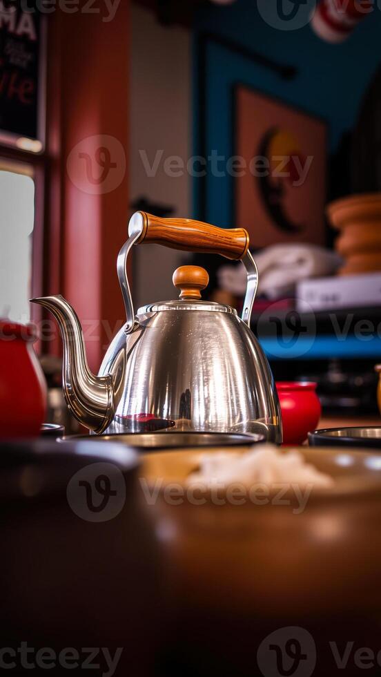 shiny stainless steel kettle with a wooden handle photo