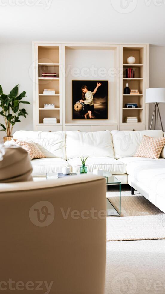 modern living room with a white sectional sofa a framed artwork photo
