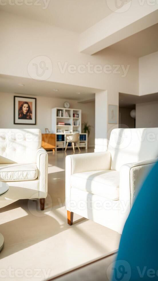 two white armchairs bathed warm sunlight photo