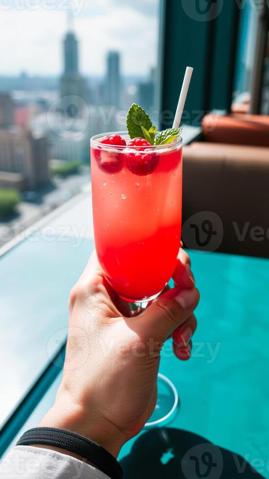 hand holds a glass pink raspberry drink with mint garnish photo