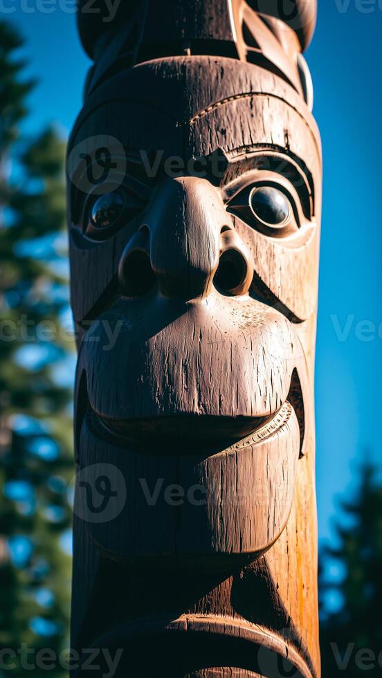 close- a carved totem pole face photo
