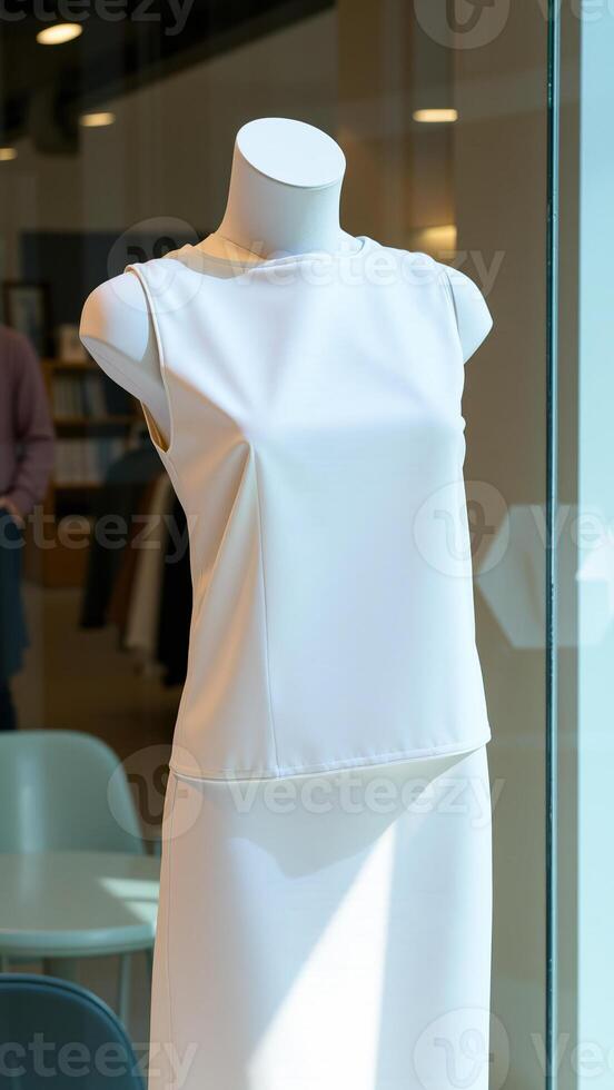 white sleeveless top skirt on mannequin store window photo