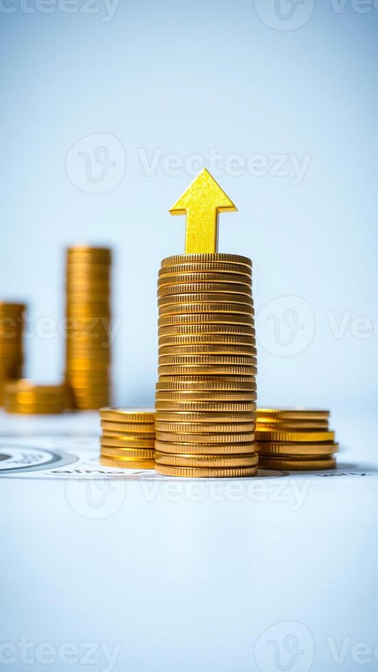 golden coins with upward arrow signify growth photo