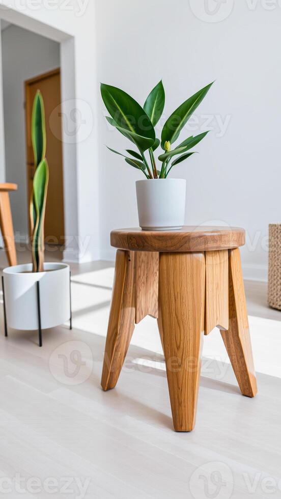 wooden stool with a houseplant photo