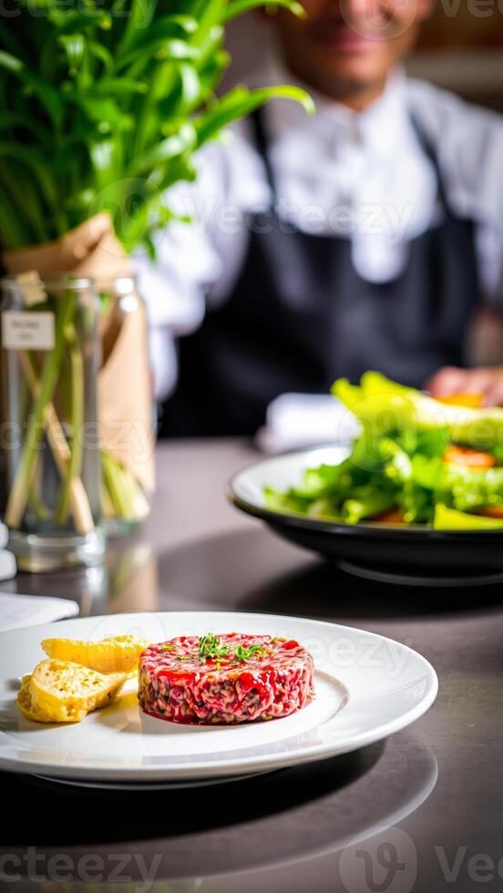 classic beef tartare with toasted bread salad photo
