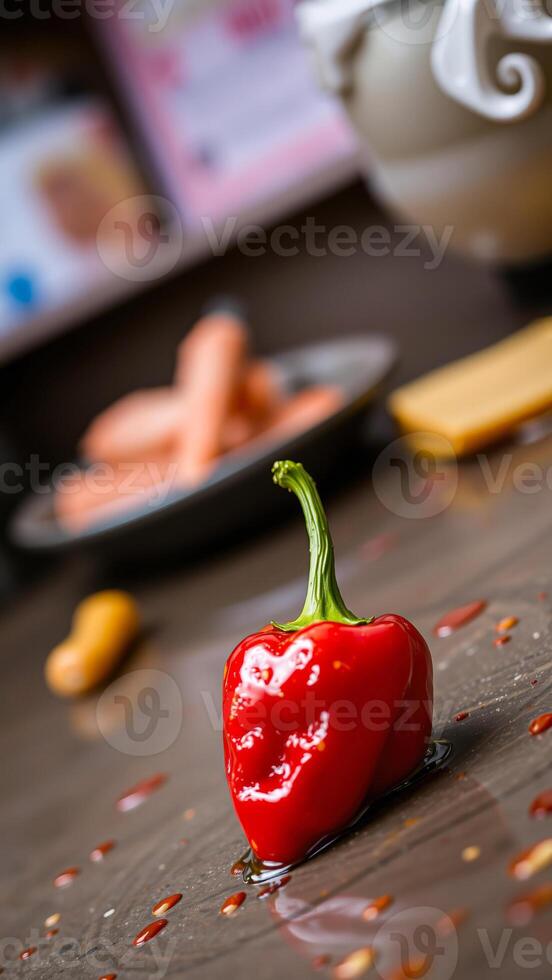 single red pepper rests on a brown surface photo