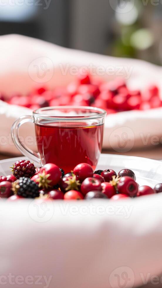 glass cup red liquid sits on a plate with a variety berries photo