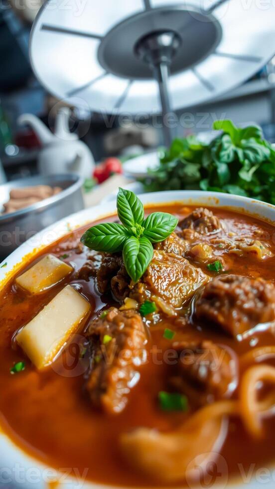 hearty stew with tender meat creamy white pieces fresh herbs photo
