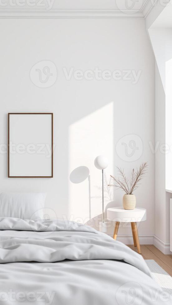 minimalist bedroom with white bed a simple frame photo