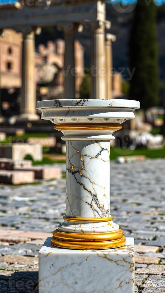 white marble column with gold accents stands the ruins a structure. photo