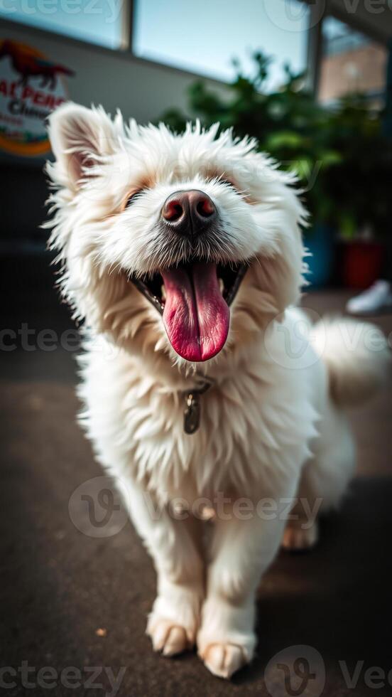white furry dog with a pink tongue sticking out photo