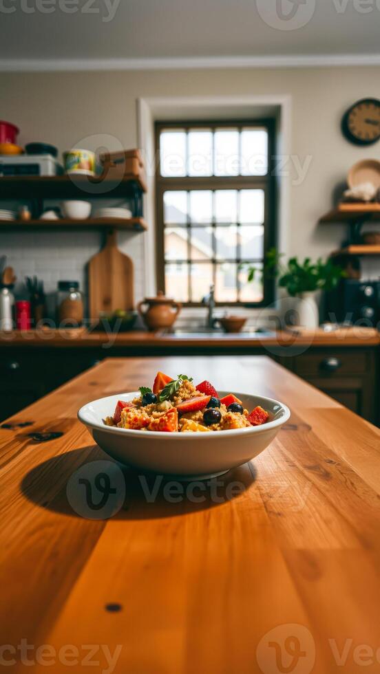 bowl fresh fruit grain breakfast on a wooden table photo