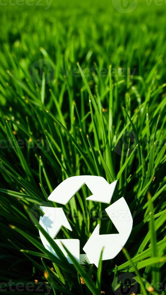 white recycling symbol rests on lush green grass photo