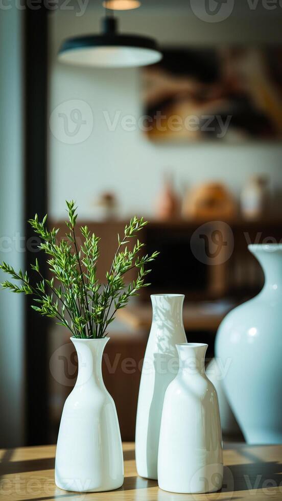 three white vases with green sprigs on a wooden table photo