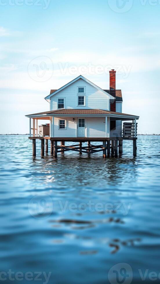 white house on stilts stands the water photo