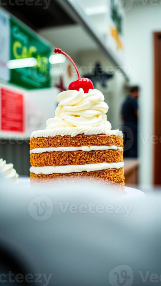white frosted cake topped with a cherry photo