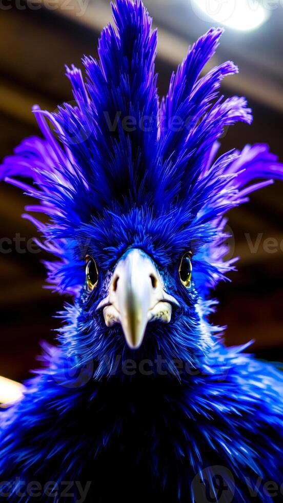 blue bird with a vibrant purple stares directly at the camera photo