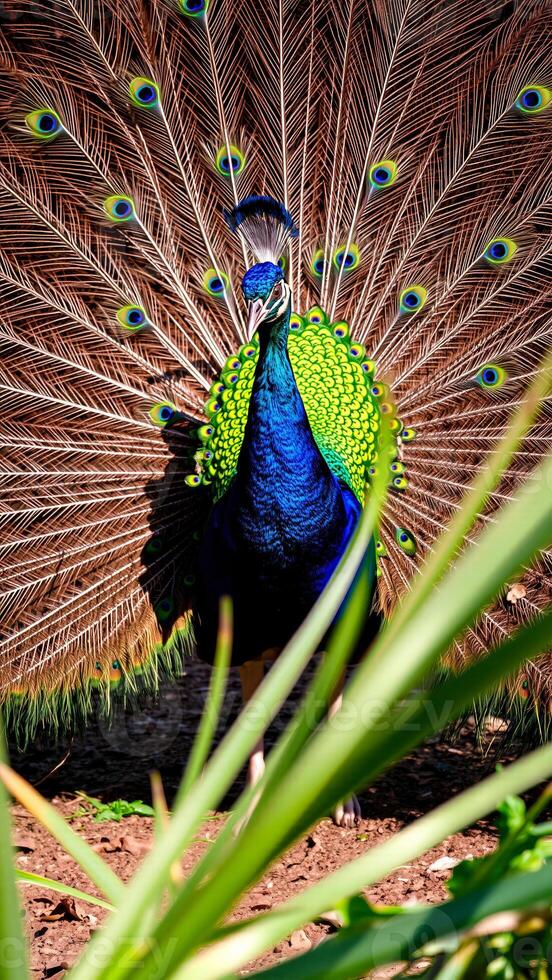 displays its iridescent tail feathers photo