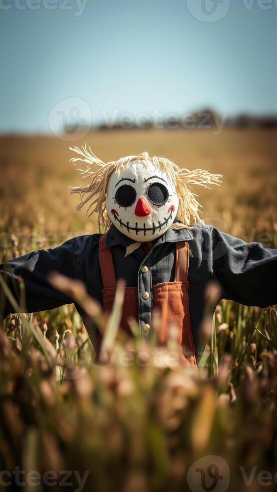 weathered scarecrow stands tall a field crops. photo