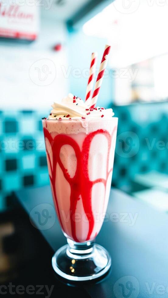 creamy pink milkshake with red sprinkles striped straws photo
