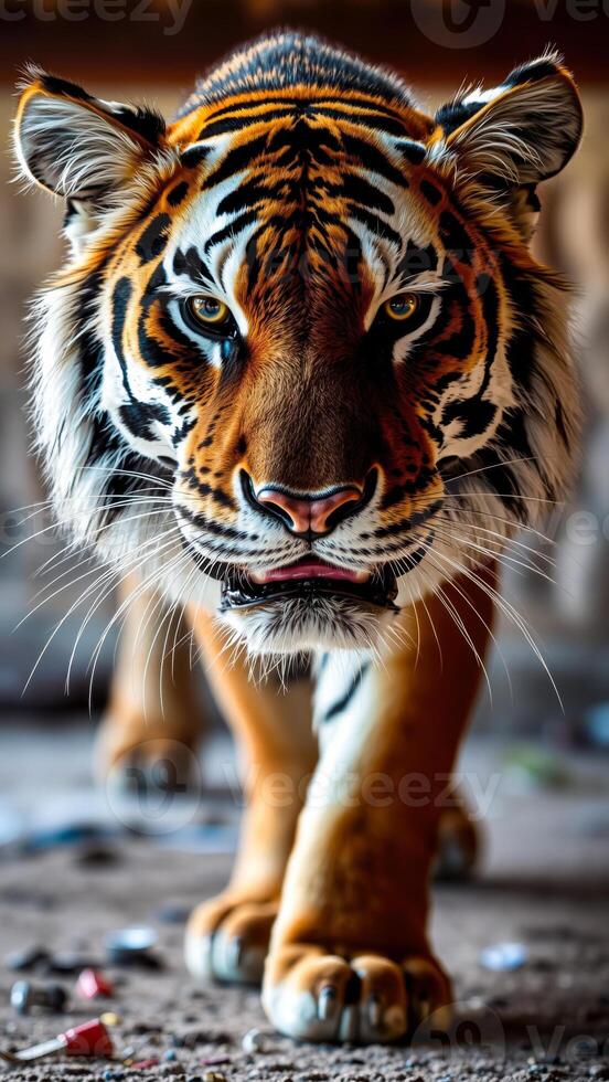 tiger with sharp claws looks directly at the camera photo
