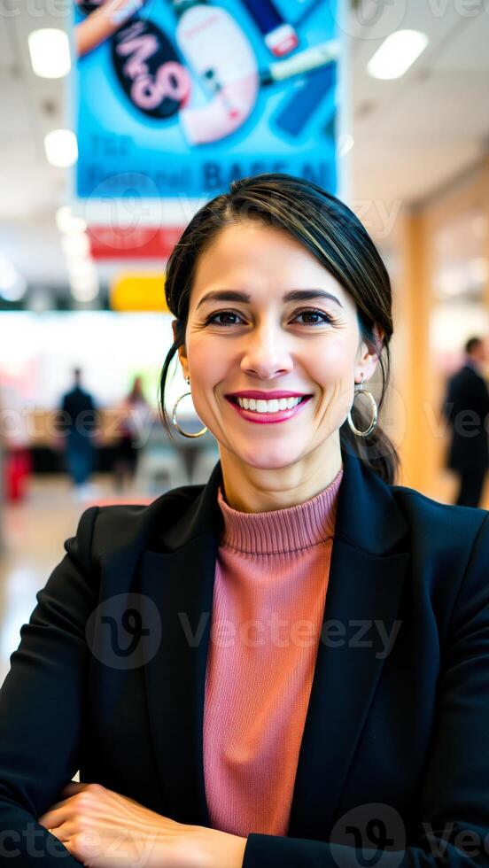 confident woman a black blazer pink sweater smiles photo