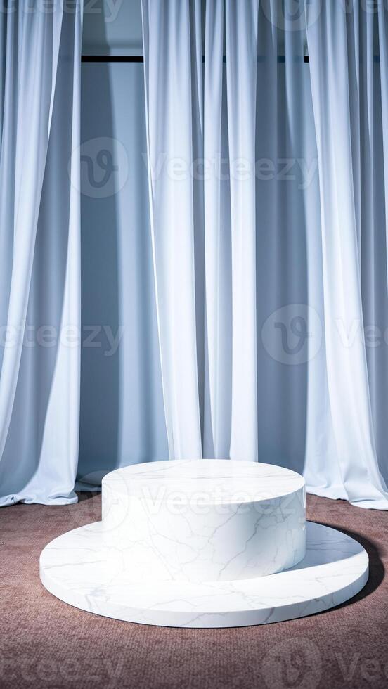 minimalist display with a marble platform flowing white curtains photo