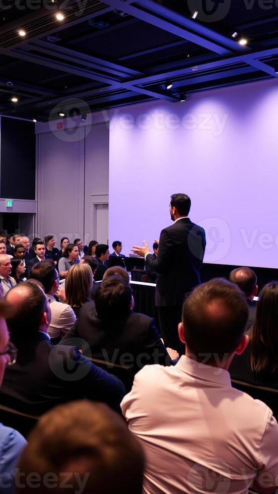 speaker addresses a crowd a conference room photo
