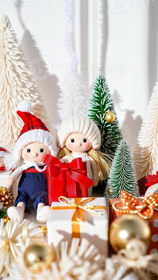 cheerful fabric dolls celebrate amidst festive christmas decor photo