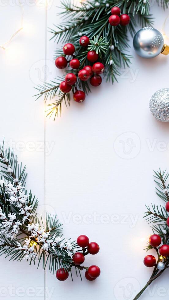 festive pine branches with red berries fake snow on a white surface photo