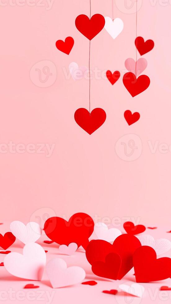 red white paper hearts adorn a pink background photo
