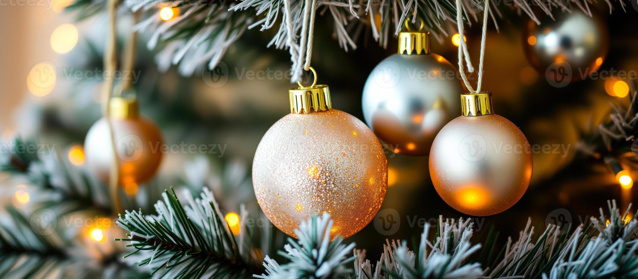 close- view a frosted evergreen tree adorned with shiny ornaments warm lights photo