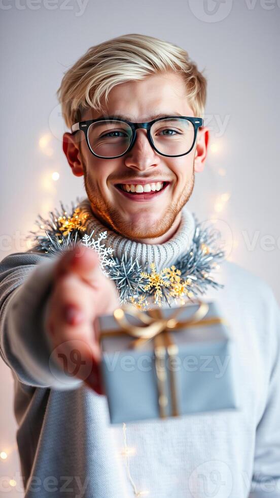 young man offers a wrapped present with a warm smile photo