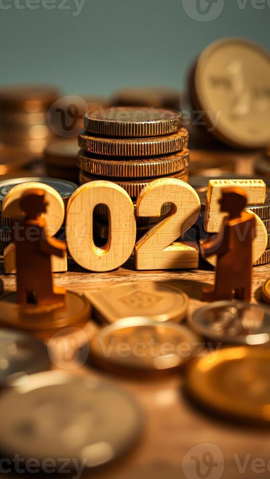 wooden figures stand on a stack golden coins front the year 2021 photo