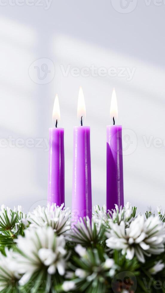three purple candles lit a festive arrangement photo