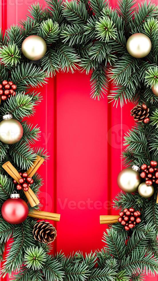 red background framed with pine boughs festive decorations photo