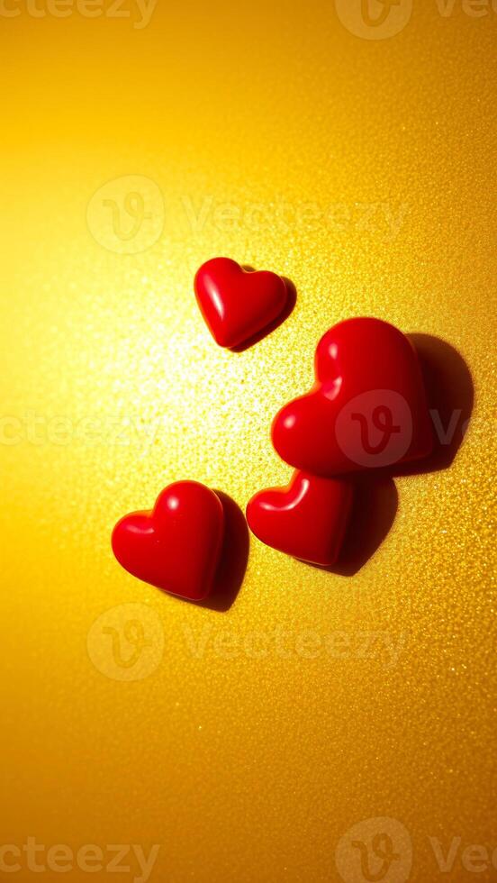 four red hearts on a shiny gold surface photo