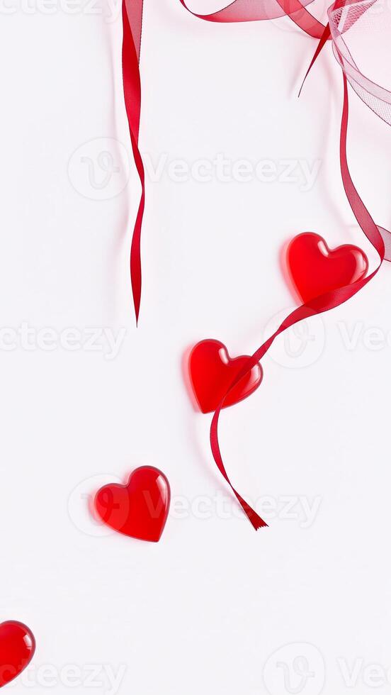 red hearts ribbon on white background photo