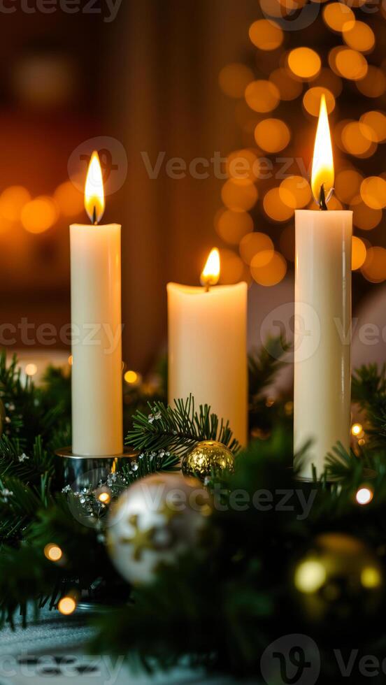 three white candles sit on a table with christmas decorations photo
