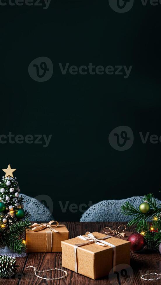 rustic table setting with christmas gifts decorations photo